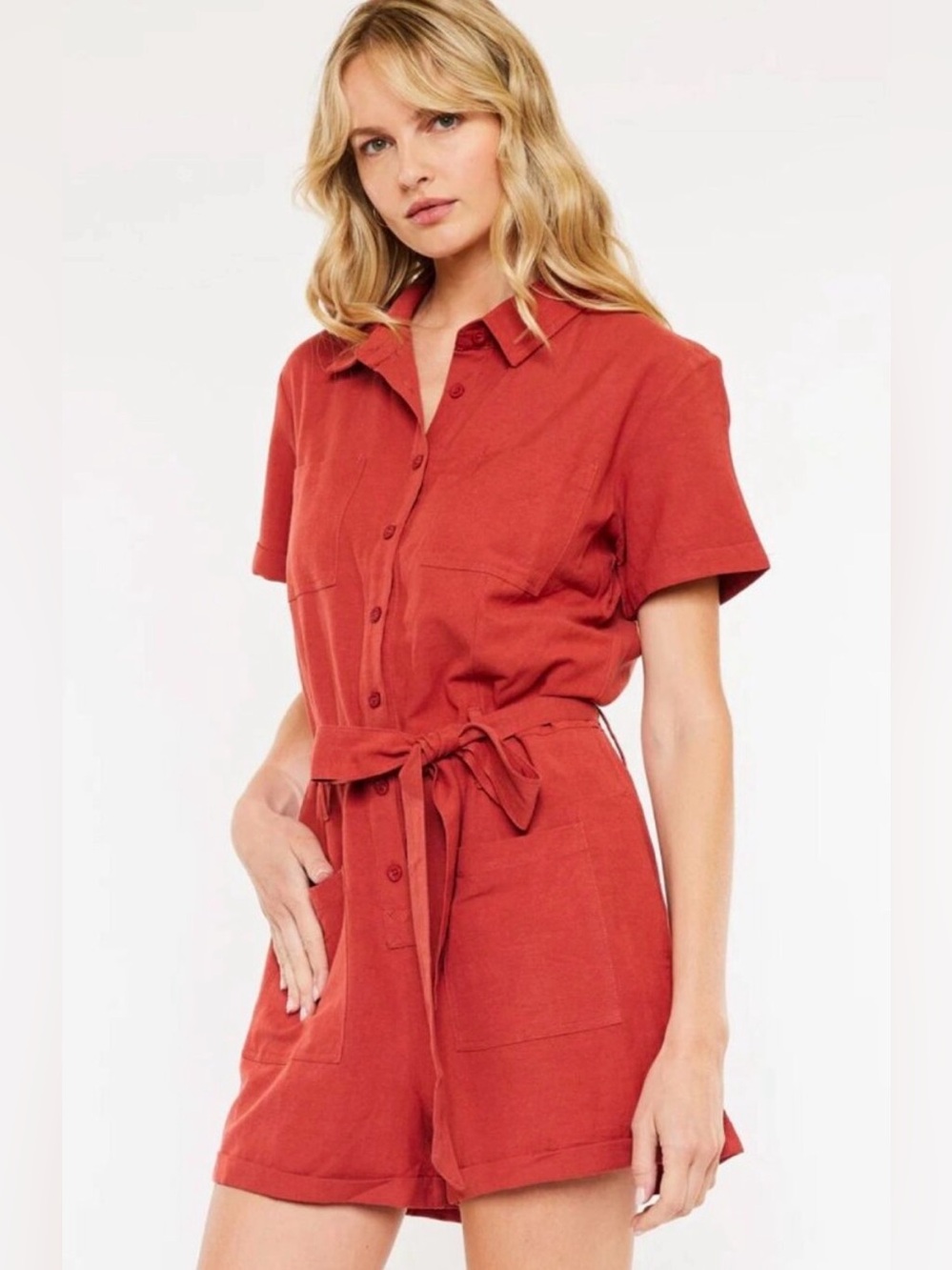 NWOT KanCan “Kenya” Linen Blend Button Up Collared Romper With Pockets Size XS
